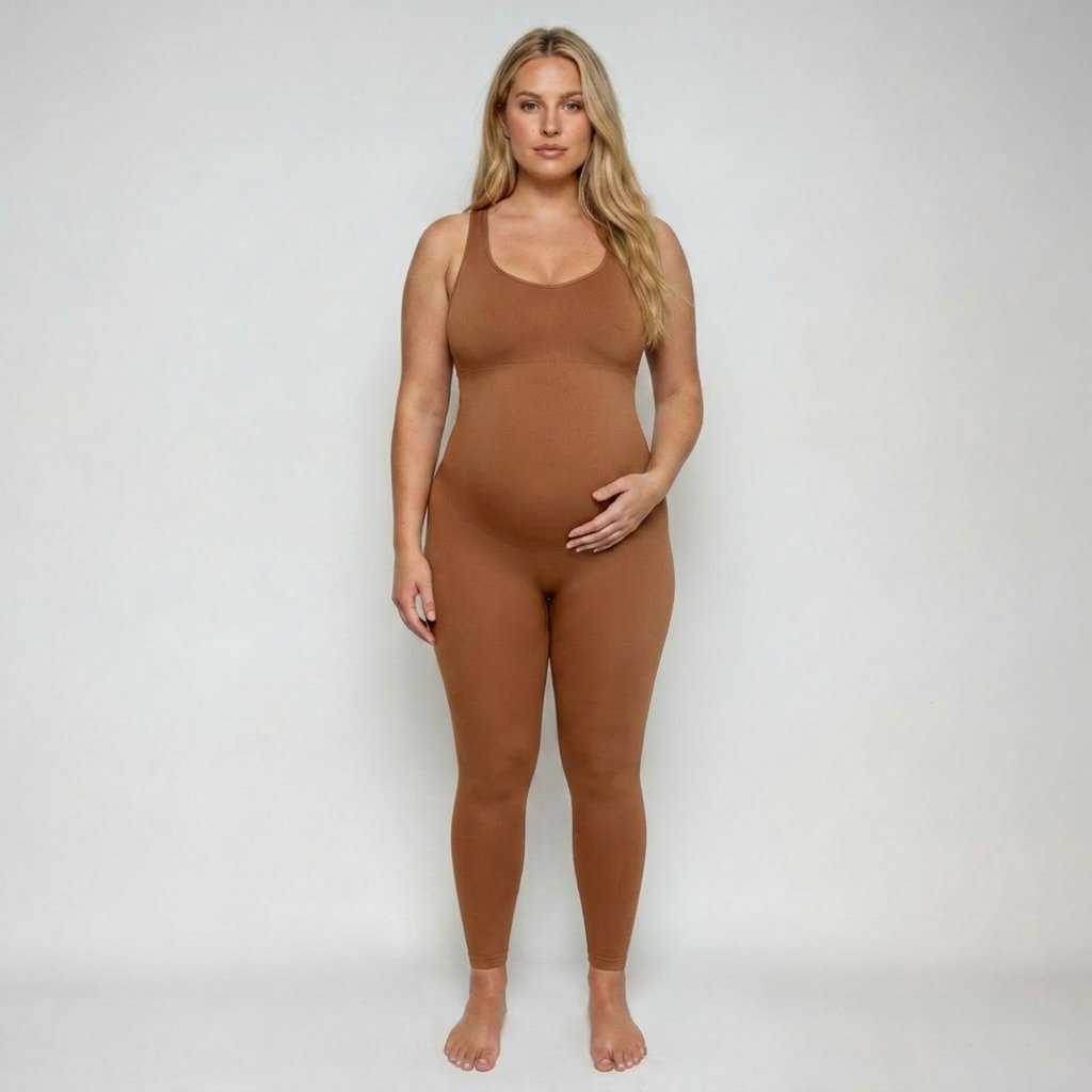 Sunday Maternity Jumpsuit in cinnamon, full front