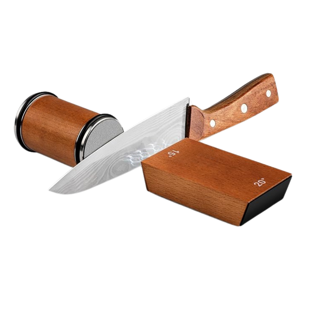 Knife Sharpener Roller with Diamond and Ceramic Discs Wood Base