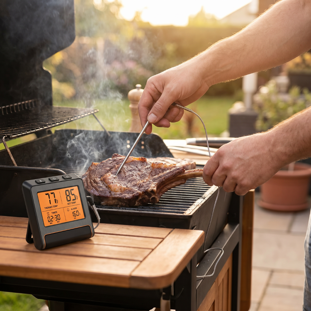 LCD Digital Meat Thermometer with Probe and Timer for BBQ Grilling