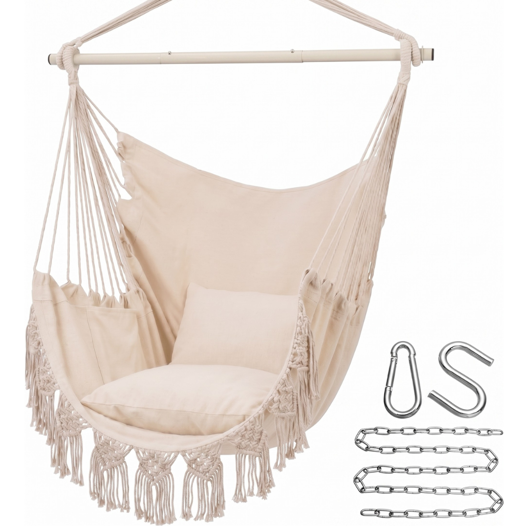 Macrame Hanging Hammock Chair with Cushions and Pocket 500 lb Capacity