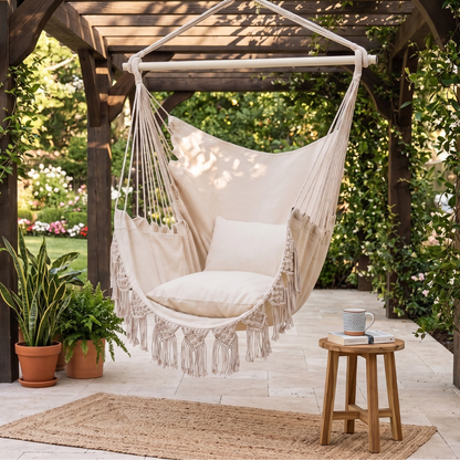 Macrame Hanging Hammock Chair with Cushions and Pocket 500 lb Capacity