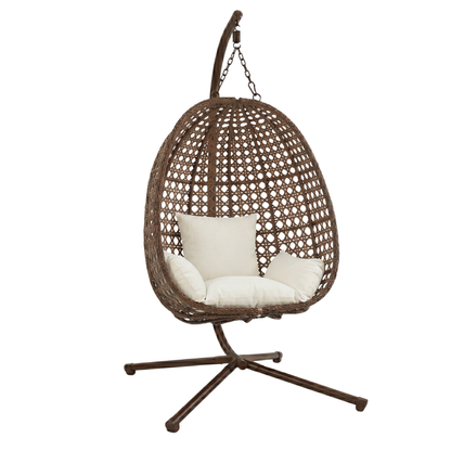 Patio Wicker Hanging Egg Chair with Stand and Cushion, 350 lb Capacity