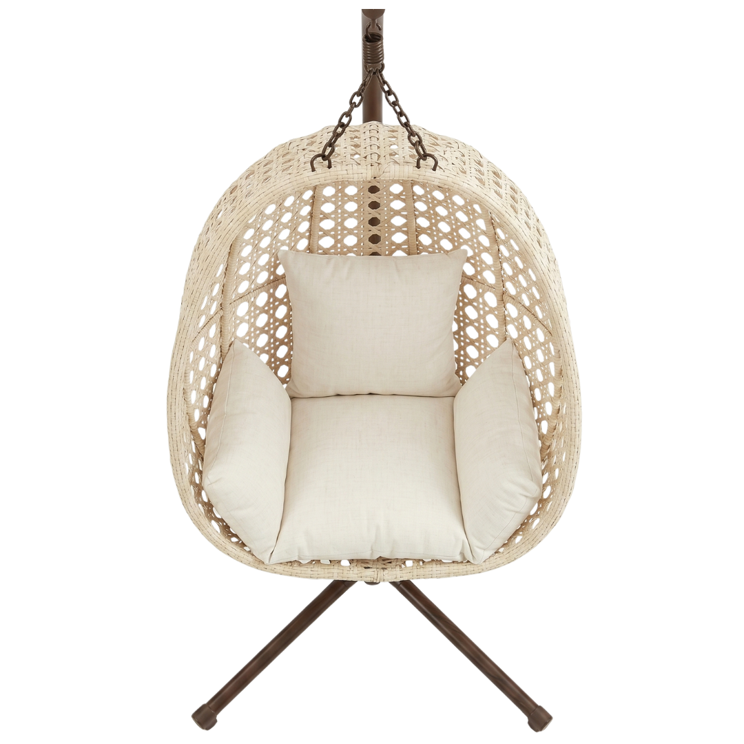 Patio Wicker Hanging Egg Chair with Stand and Cushion, 350 lb Capacity