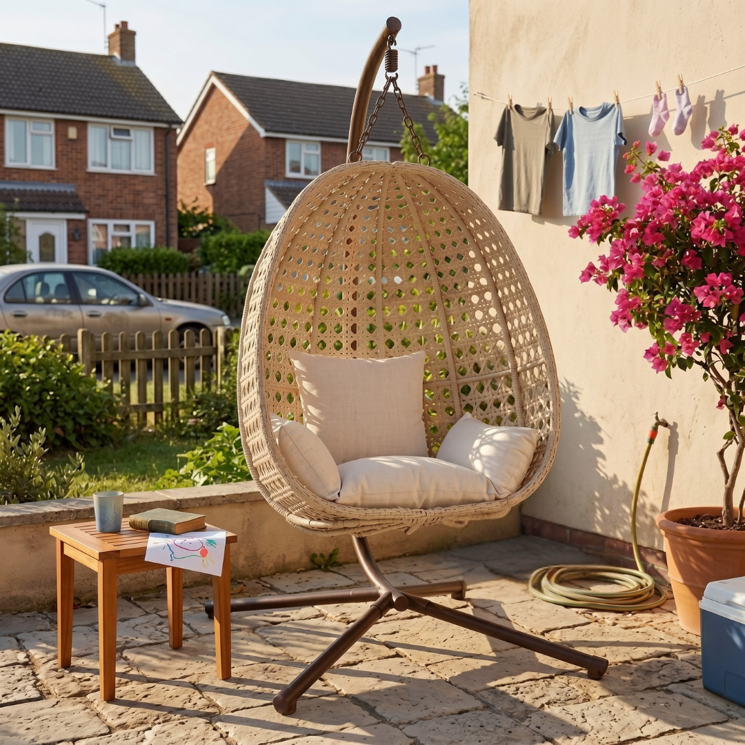Patio Wicker Hanging Egg Chair with Stand and Cushion, 350 lb Capacity