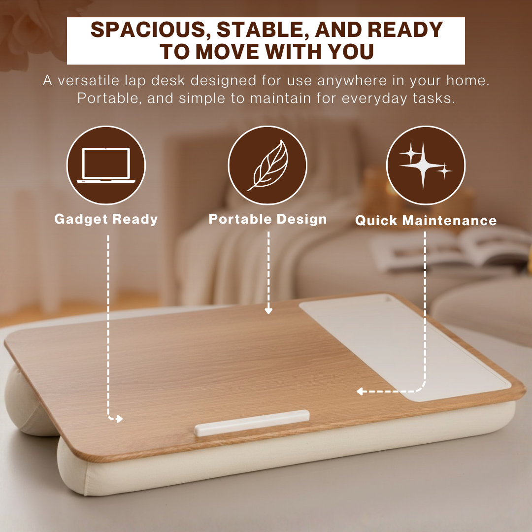 Portable Home Office Lap Desk with Mouse Pad, Cushion & Phone Slot