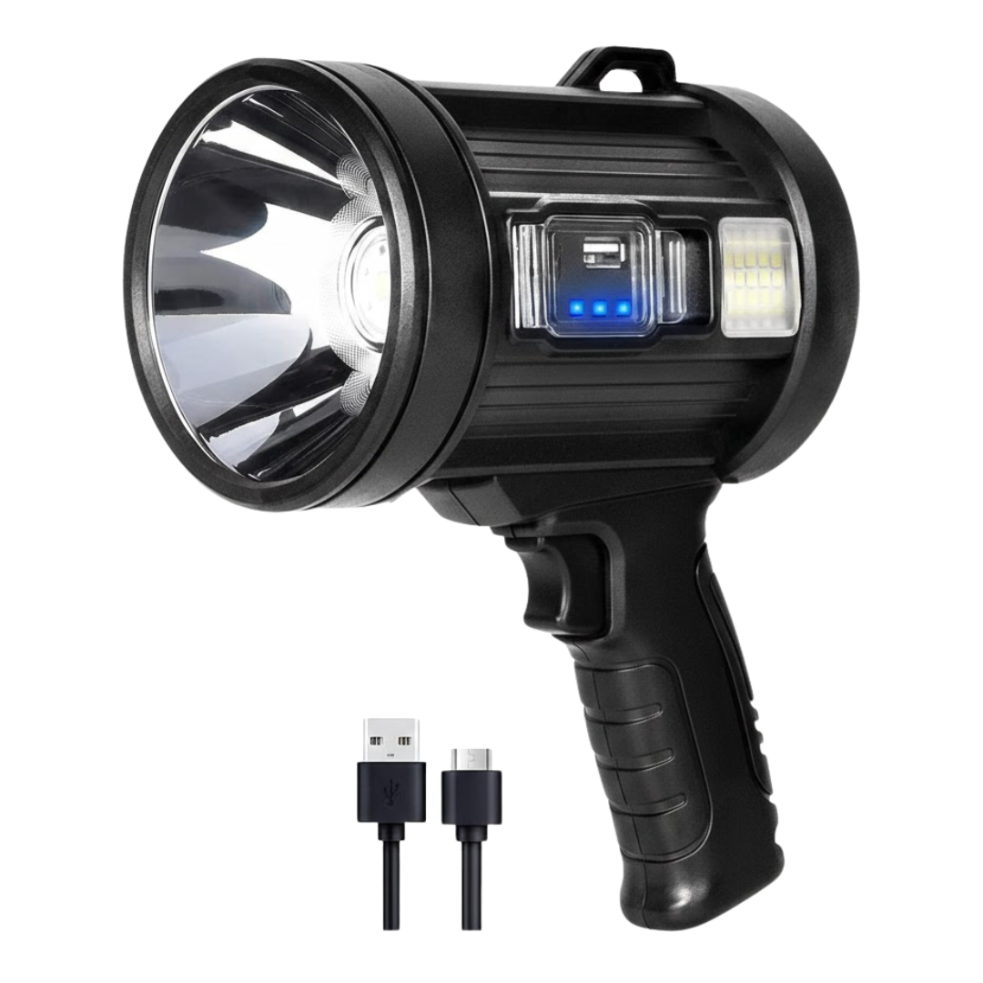 Rechargeable 90000 Lumen LED Spotlight with Solar Power and Floodlight