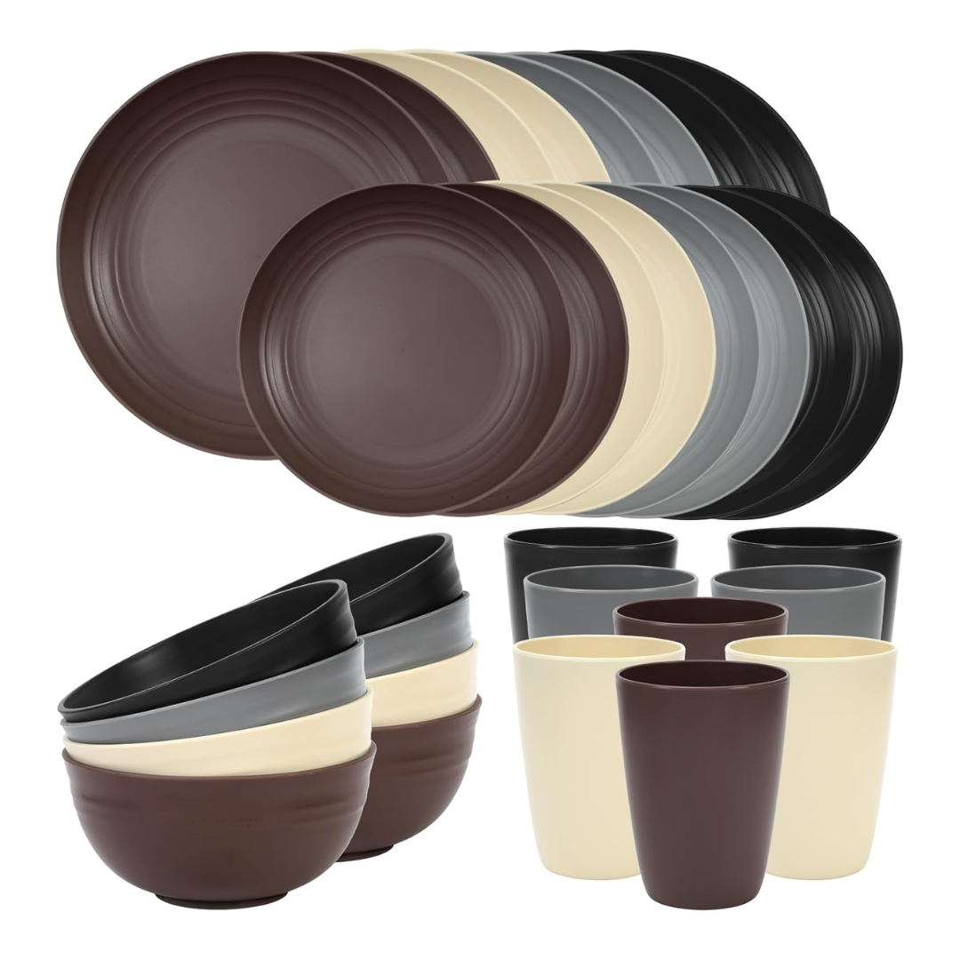 Reusable Plastic Plates and Bowls Set for Camping and Home Use