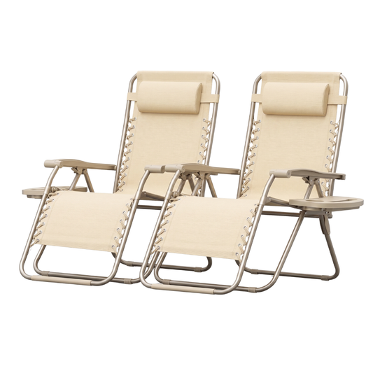 Set of 2 Folding Reclining Patio Chairs with Pillows and Cup Holders