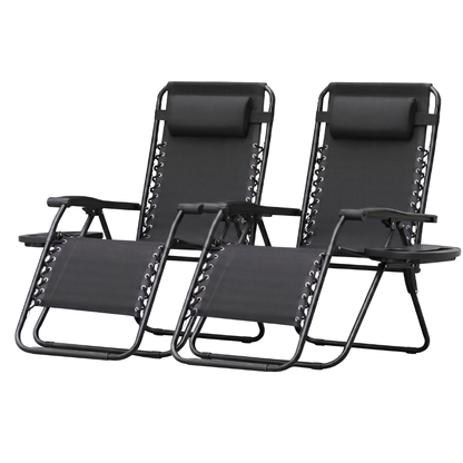 Set of 2 Folding Reclining Patio Chairs with Pillows and Cup Holders
