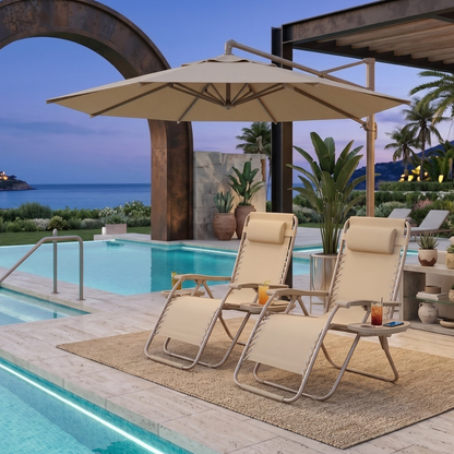 Set of 2 Folding Reclining Patio Chairs with Pillows and Cup Holders