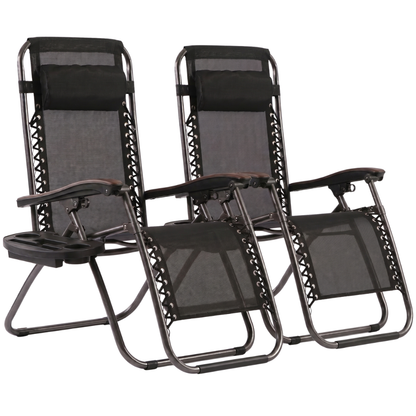 Set of 2 Folding Reclining Patio Lounge Chairs with Cup Holder Trays