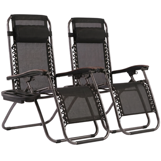 Set of 2 Folding Reclining Patio Lounge Chairs with Cup Holder Trays
