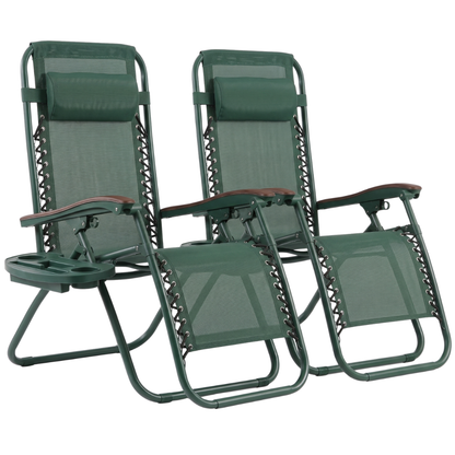 Set of 2 Folding Reclining Patio Lounge Chairs with Cup Holder Trays