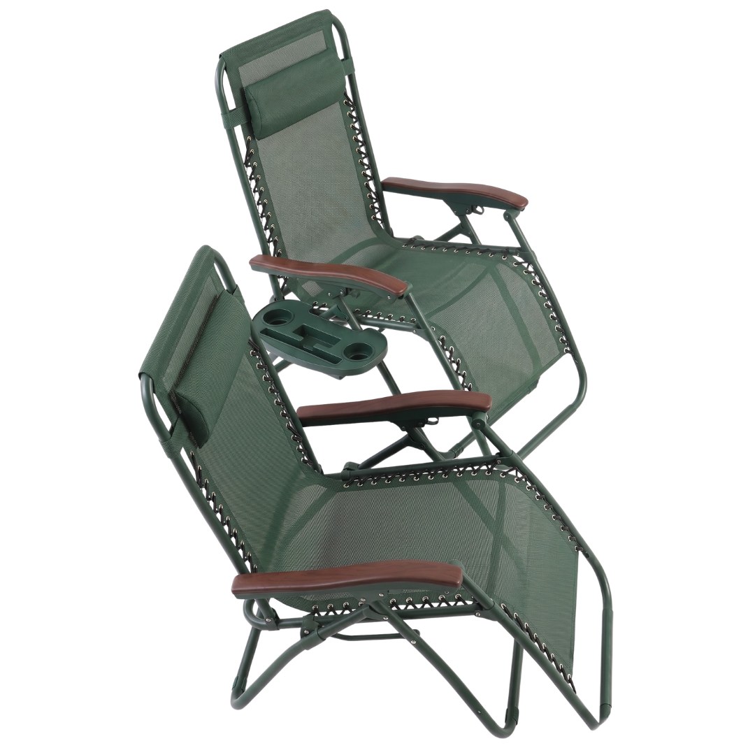 Set of 2 Folding Reclining Patio Lounge Chairs with Cup Holder Trays