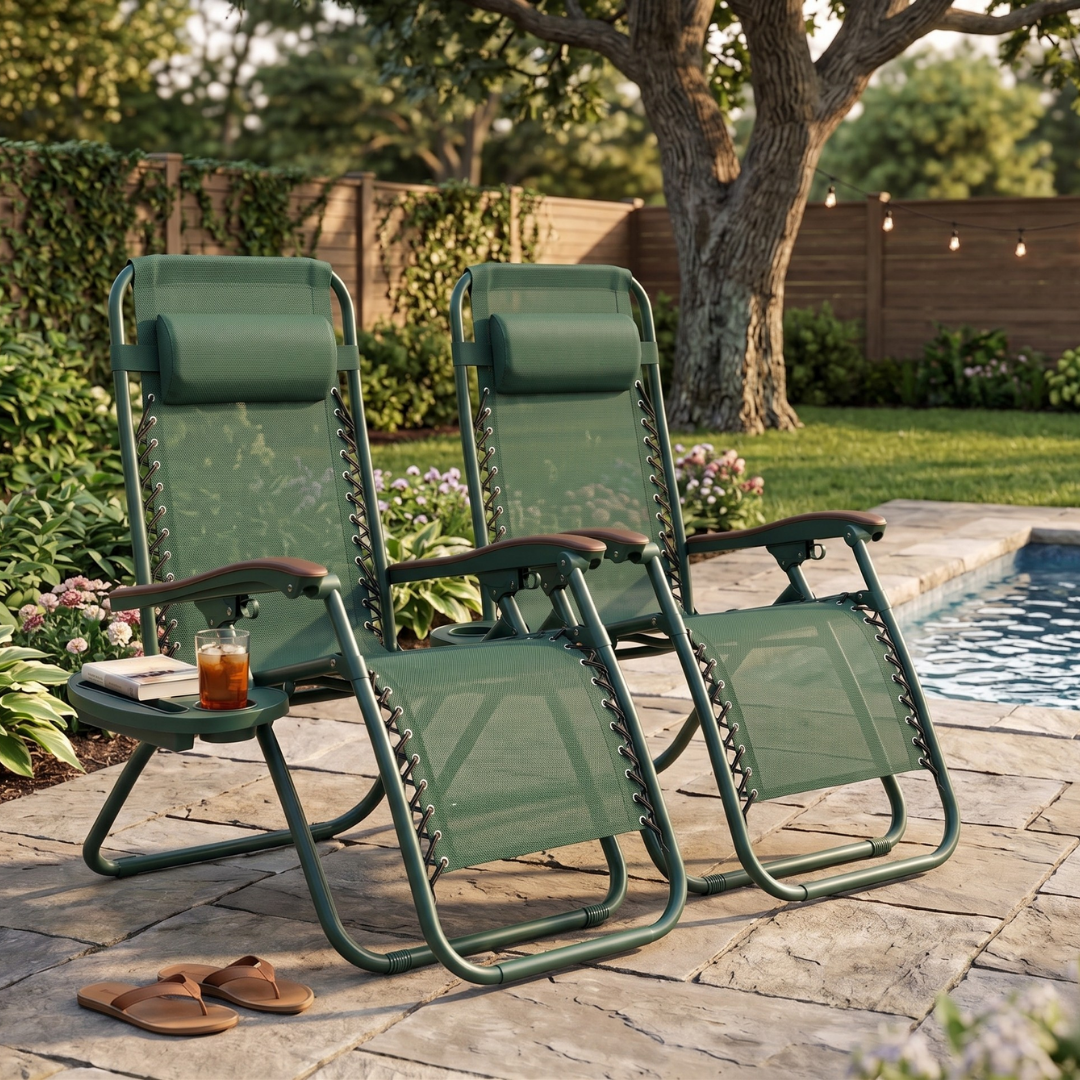 Set of 2 Folding Reclining Patio Lounge Chairs with Cup Holder Trays