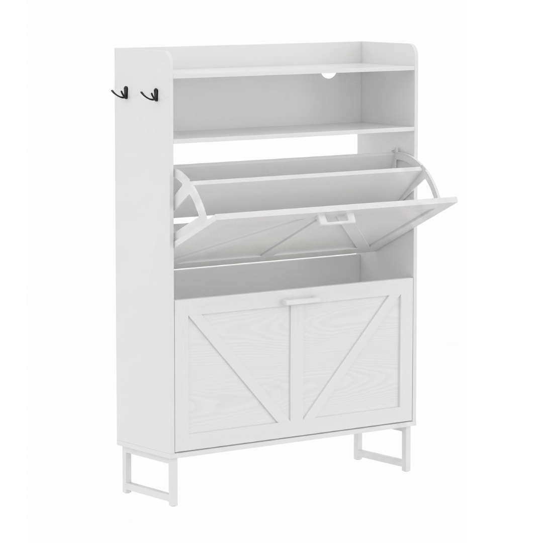 Slim Shoe Cabinet with 2 Flip Drawers, Top Surface, and Side Hooks