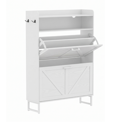 Slim Shoe Cabinet with 2 Flip Drawers, Top Surface, and Side Hooks