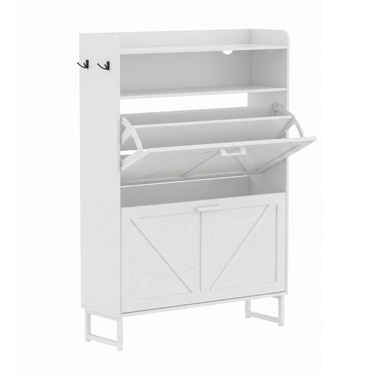Slim Shoe Cabinet with 2 Flip Drawers, Top Surface, and Side Hooks