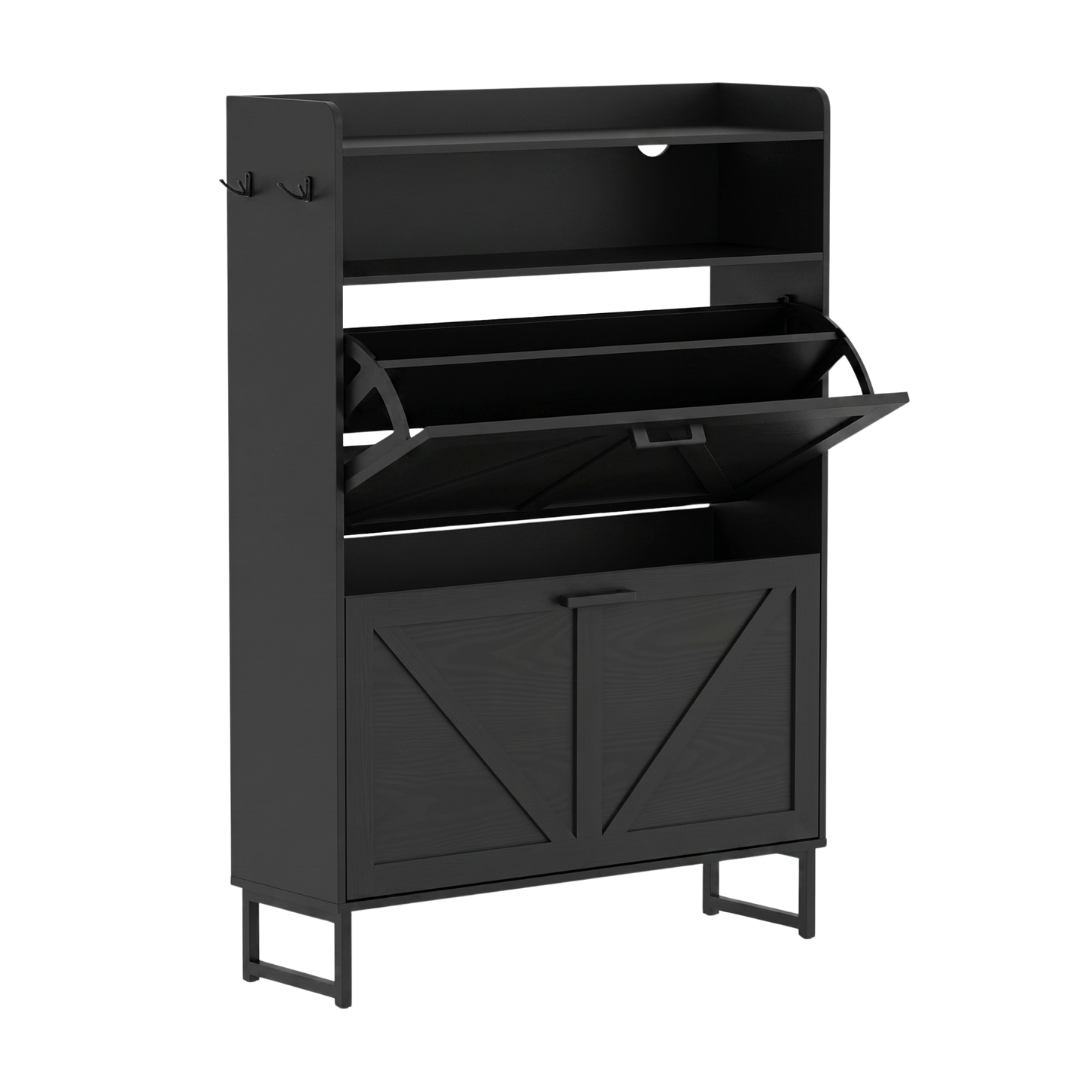 Slim Shoe Cabinet with 2 Flip Drawers, Top Surface, and Side Hooks