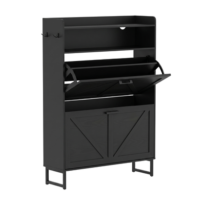 Slim Shoe Cabinet with 2 Flip Drawers, Top Surface, and Side Hooks