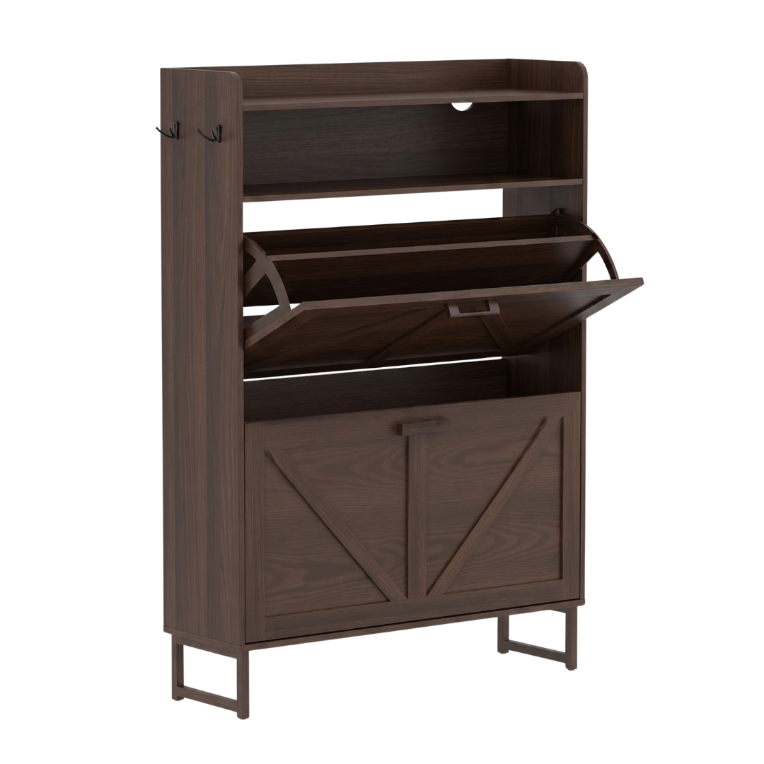 Slim Shoe Cabinet with 2 Flip Drawers, Top Surface, and Side Hooks