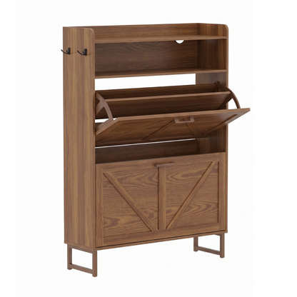 Slim Shoe Cabinet with 2 Flip Drawers, Top Surface, and Side Hooks