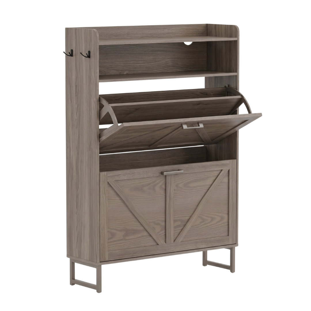 Slim Shoe Cabinet with 2 Flip Drawers, Top Surface, and Side Hooks