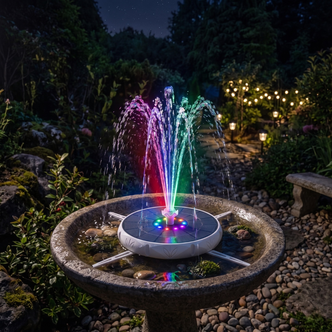 Solar Bird Bath Fountain with LED Lights and Adjustable Spray Patterns