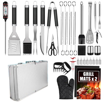 Stainless Steel BBQ Grill Tool Set with Aluminum Storage Case