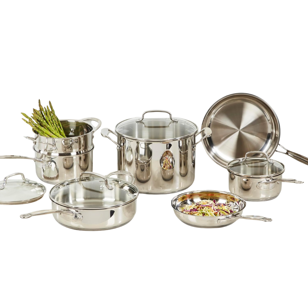 Stainless Steel Cookware Set with Glass Lids & Even Heat Base