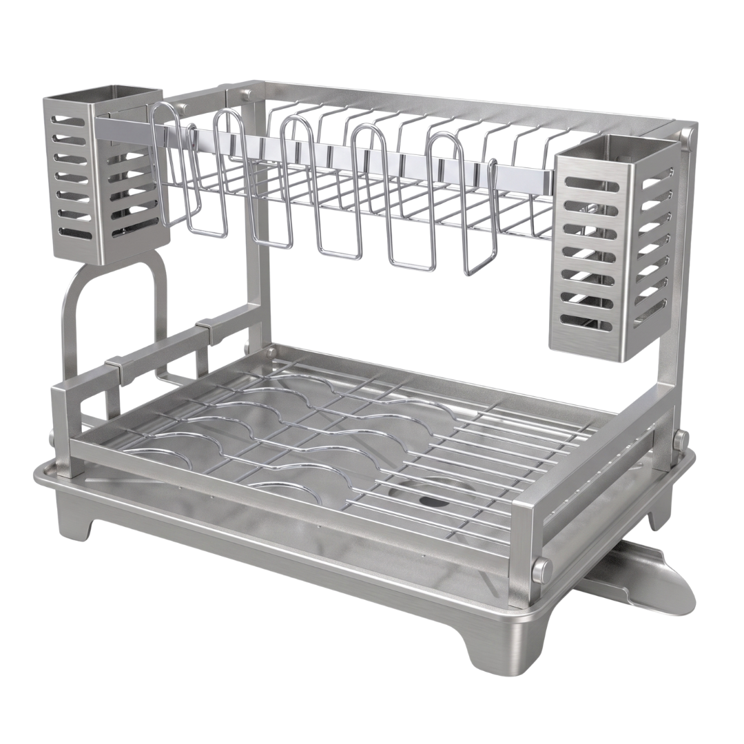 Two-Tier Dish Drying Rack with Drainboard and Utensil Holders
