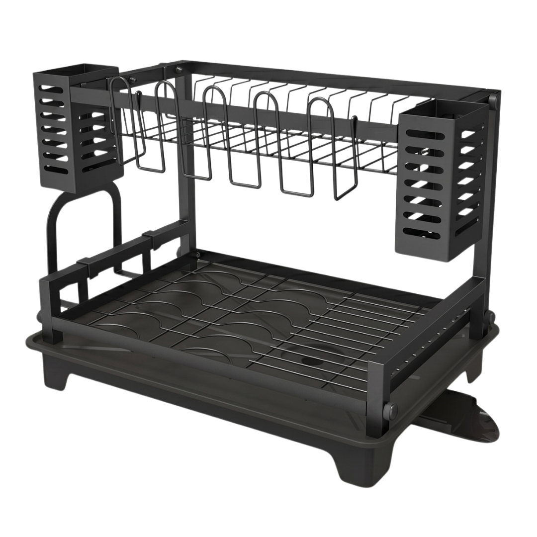 Two-Tier Dish Drying Rack with Drainboard and Utensil Holders