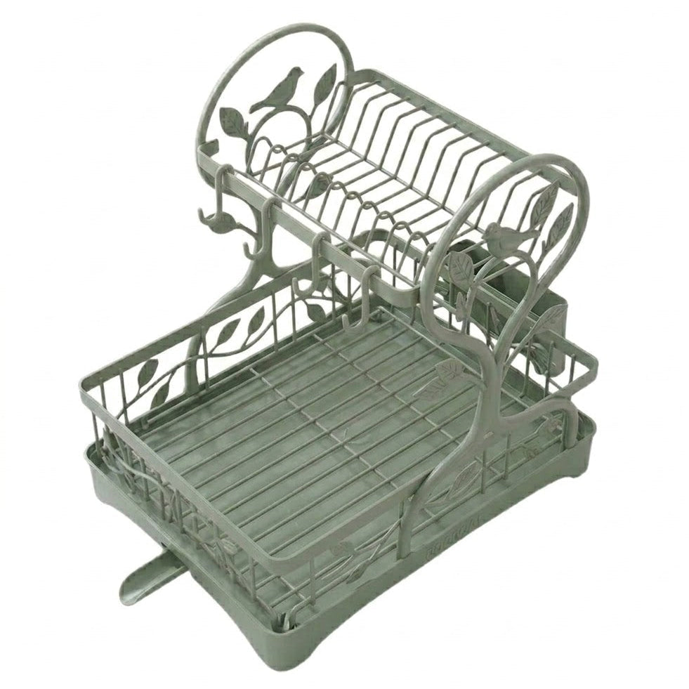 Two-Tier Metal Dish Drying Rack with Drain Board and Cup Holders