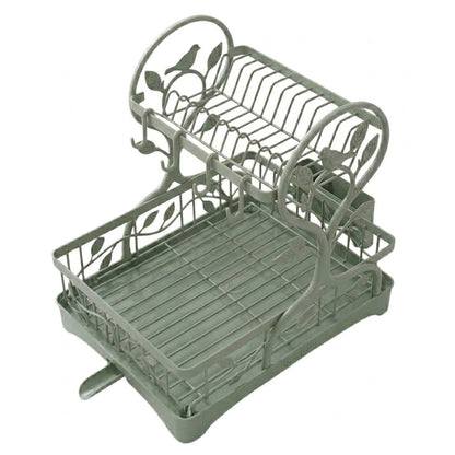 Two-Tier Metal Dish Drying Rack with Drain Board and Cup Holders