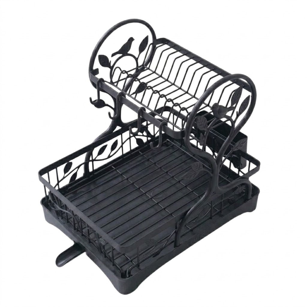 Two-Tier Metal Dish Drying Rack with Drain Board and Cup Holders