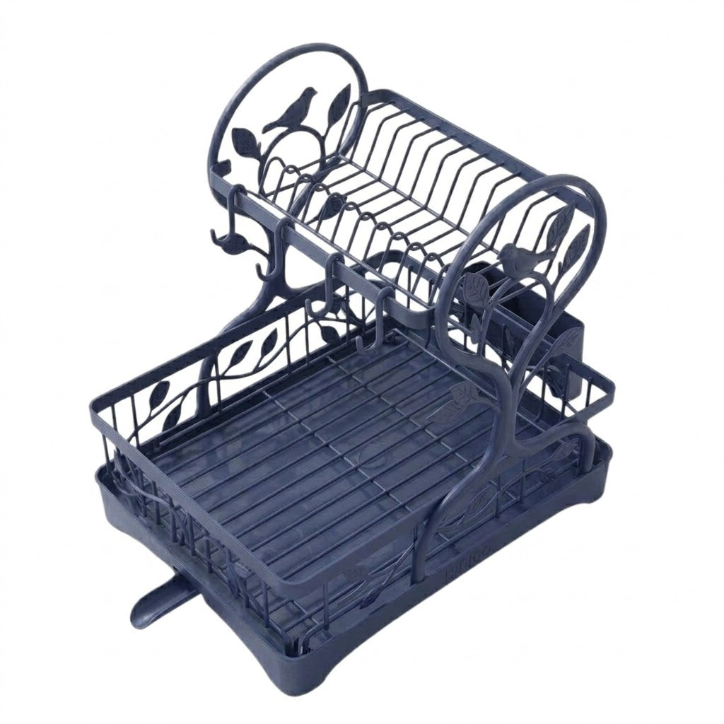 Two-Tier Metal Dish Drying Rack with Drain Board and Cup Holders