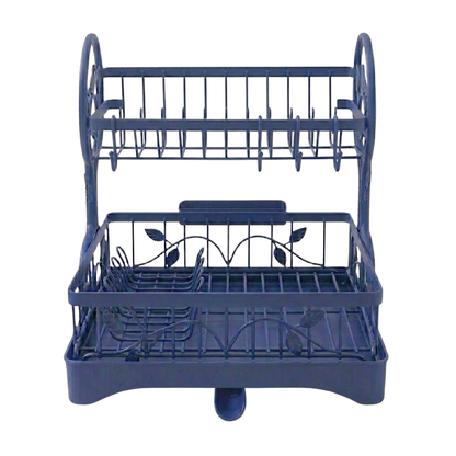 Two-Tier Metal Dish Drying Rack with Drain Board and Cup Holders