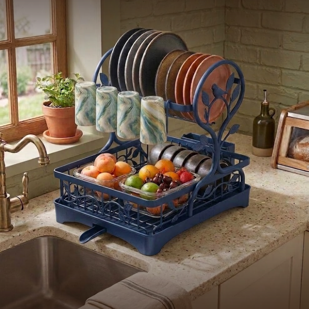Two-Tier Metal Dish Drying Rack with Drain Board and Cup Holders