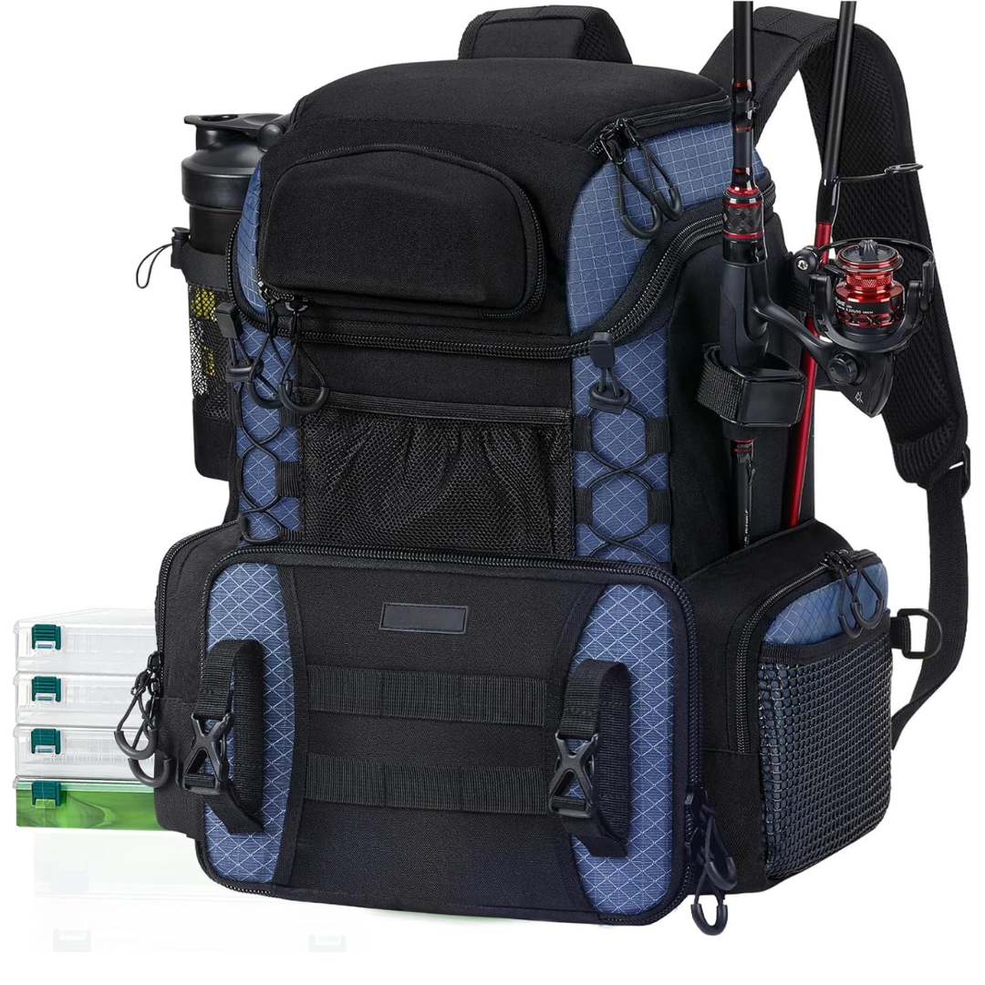 Water-Resistant Fishing Backpack with Rod Holders & 4 Tackle Boxes