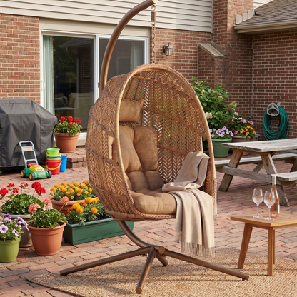 Wicker Hanging Egg Chair with Stand, Cushions, and 350 lb Capacity