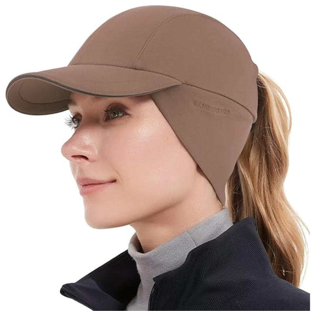 Women's Fleece Ponytail Hat with Ear Warmer and Reflective Trim